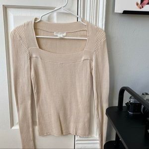 Cream ribbed square neck long sleeve